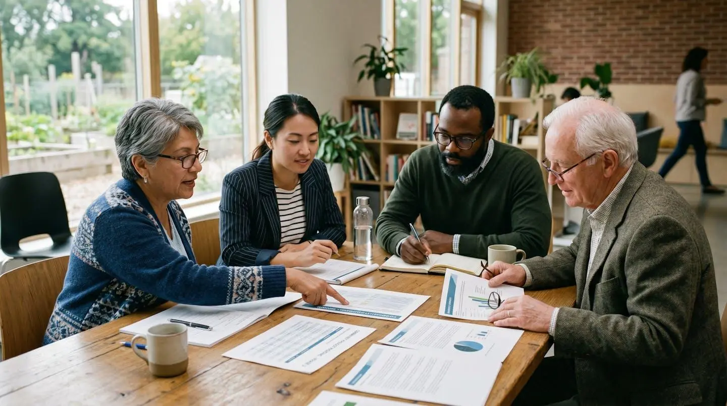 Membres d'un conseil syndical réunis autour d'une table pour voter sur un contrat énergétique collectif